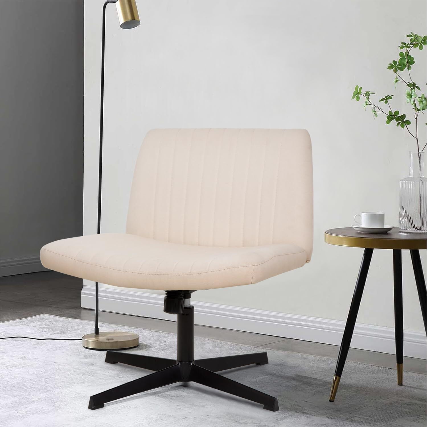 MarketLane Criss Cross Chair Armless Cross Legged Office Desk Chair Adjustable Swivel Ergonomic Desk Chair No Wheels U Shaped Backrest with Wide Seat Native Sponge Computer Task Vanity Chair(Beige)