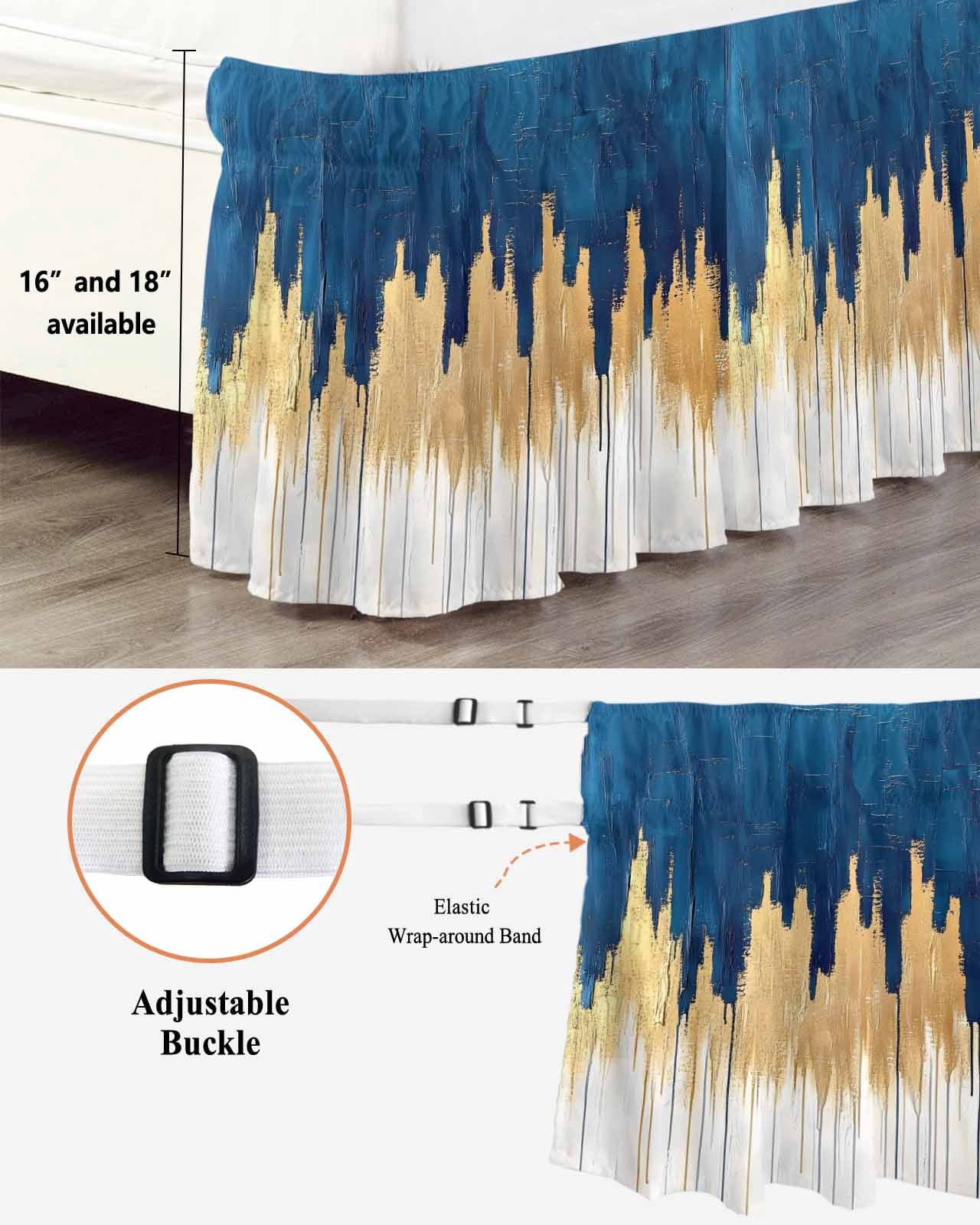 Blue Gold Wrap Around Bed Skirts for Queen Bed 16" Drop,Bed Skirt with Adjustable Elastic Belt Dust Ruffle Bed Valance for Bedroom Hotel Modern Street Art Splatter Foil Painting Bed Frame Cover