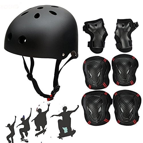 Besmall Casque de Planche à Roulettes/skate avec Équipement de Protection Genouillères Coudières Protège-Poignets pour Enfants/jeunes Bmx/Planche à Roulettes/vélo, pour Taille de Tête m (52-57cm) Noir