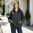 thumbnail image 3 of Women's Half Zip Denim Hoodie Pullover Jackets Jean Tops Oversized Long Sleeve Hooded Shirts with Front Pocket Casual Fall Outerwear, 3 of 5