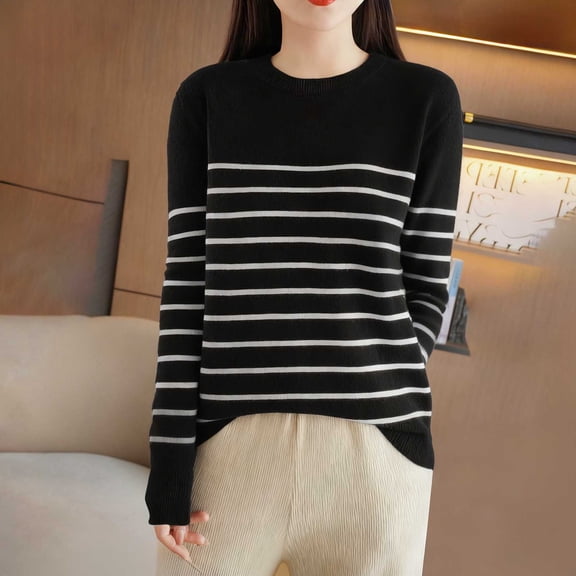 NTACZA Striped Sweater Women Loose Fitting Black Crewneck Sweater Long Sleeve Pullover Knitted Pullover Womens Jumper L