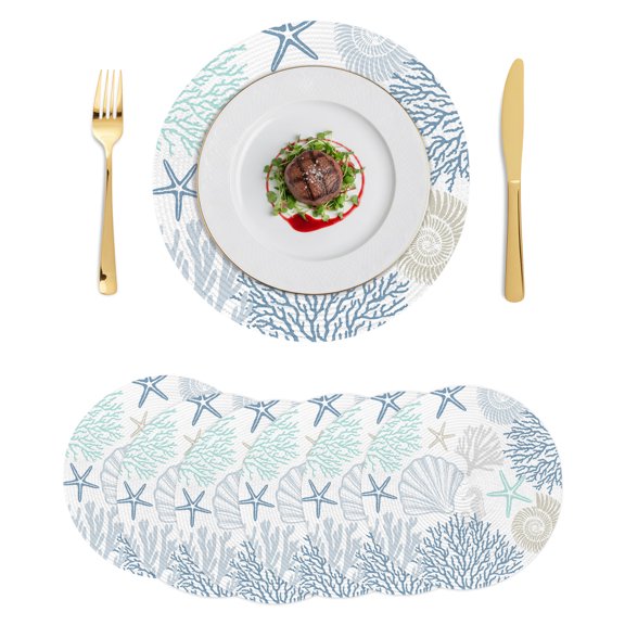 Round Placemats Teal Blue Shell 15 inch Set of 6 Table Mats for Dining Table Marine Life Starfish Coral Heat Resistant Non-Slip Kitchen & Home Decorative Place Mat Set