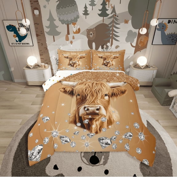 Erosebridal Highland Cow Bedding Twin Comforter Set,Bling Crystal Down Comforter,Glitter Bedroom Decor,Reversible,2-Piece
