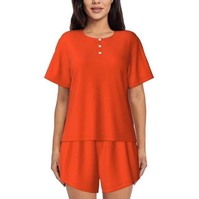 Fotbe Orange Conjunto de Pijama Estampado para Mujer, 2 Piezas, Ropa de Dormir con Camiseta de Manga Corta y Shorts Suaves-Large