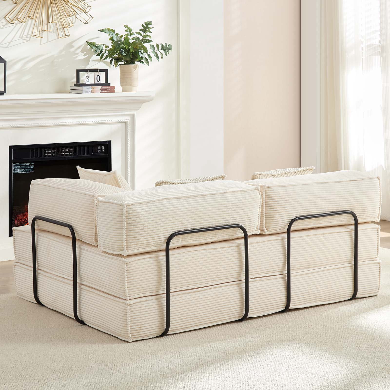 ZAFLY Convertible Sleeper Sofa Bed, Corduroy Boneless Couch with Removable Armrests, Floor Gaming Sofa for Living Room/Small Space, Beige
