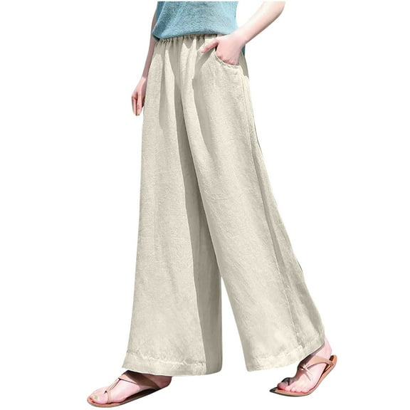 ZQUUVOU Women's Wide Leg Pants Solid Color Comfortable Summer Casual Straight Leg Pants Beige
