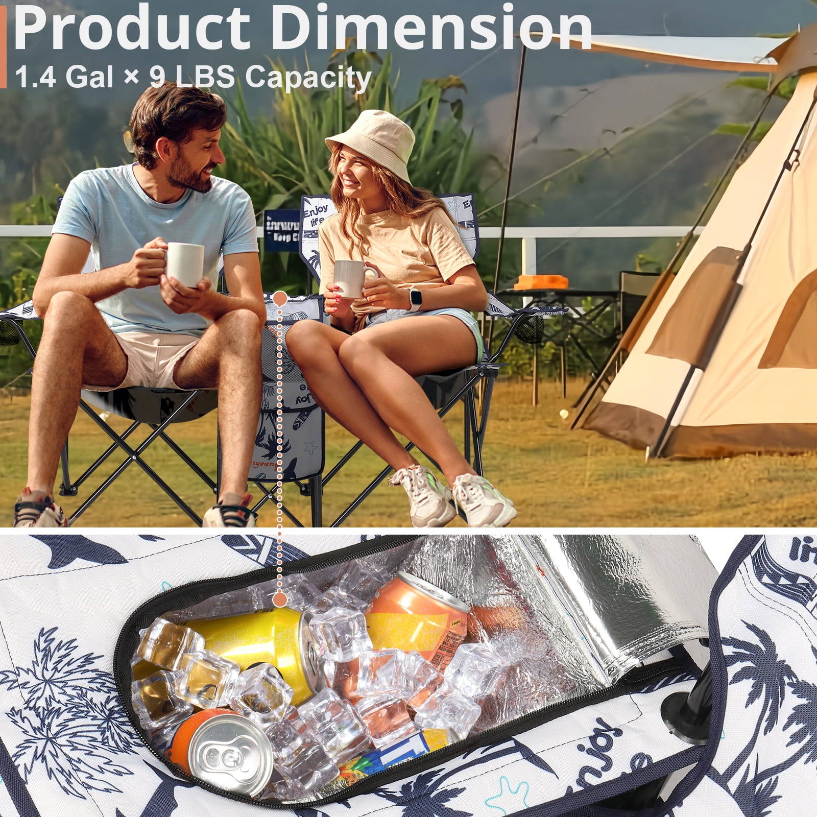Ktaxon Camping Loveseat Chair, Folding Double Outdoor Chair with Removable Sun Umbrella & Carrying Bag, Double Chairs with Cooler Bag for Lawn Fishing Outdoor, Coconut Tree