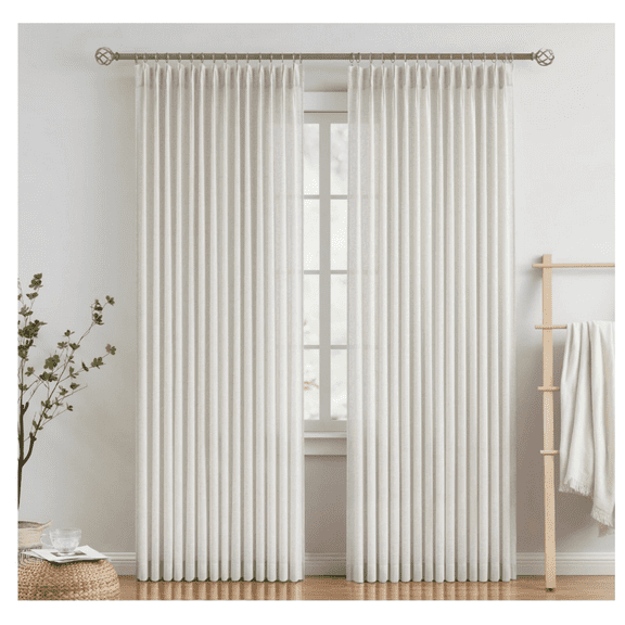 Pinch Pleated Semi Sheer Curtains Textured Linen Blended Light Filtering Window Curtains 90 inch for Living Room Bedroom Pinch Pleat Drapes with Hooks 2 Panels