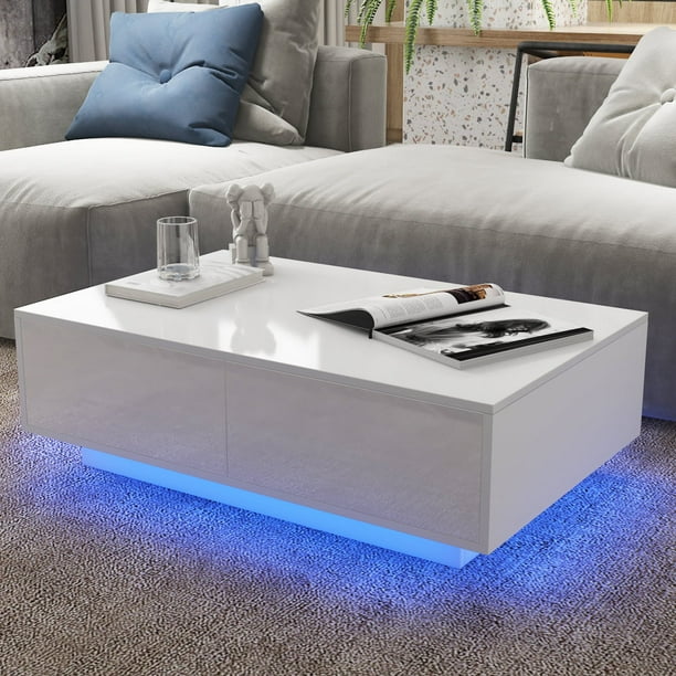 Hommpa Coffee Table With 4 Drawers Led, White Gloss Side Table With Storage