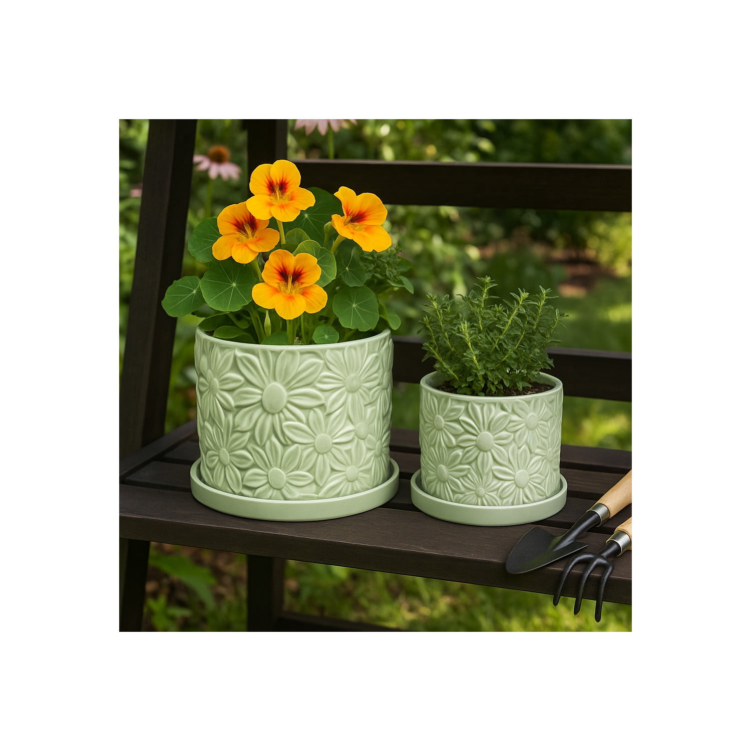 Decorative Daisy Flower Pot Planter for Home Decor - Stylish Indoor and Outdoor Pots for Plants - Chic Modern Plant Pots for Living Room, Patio, or Plant Stand Indoor - Set of 2, 7", 5", Green