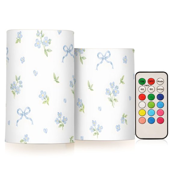 Blue Bow Flower Flameless Candles Flickering with Remote and Timer Battery Operated LED Pillar Candle Set of 2