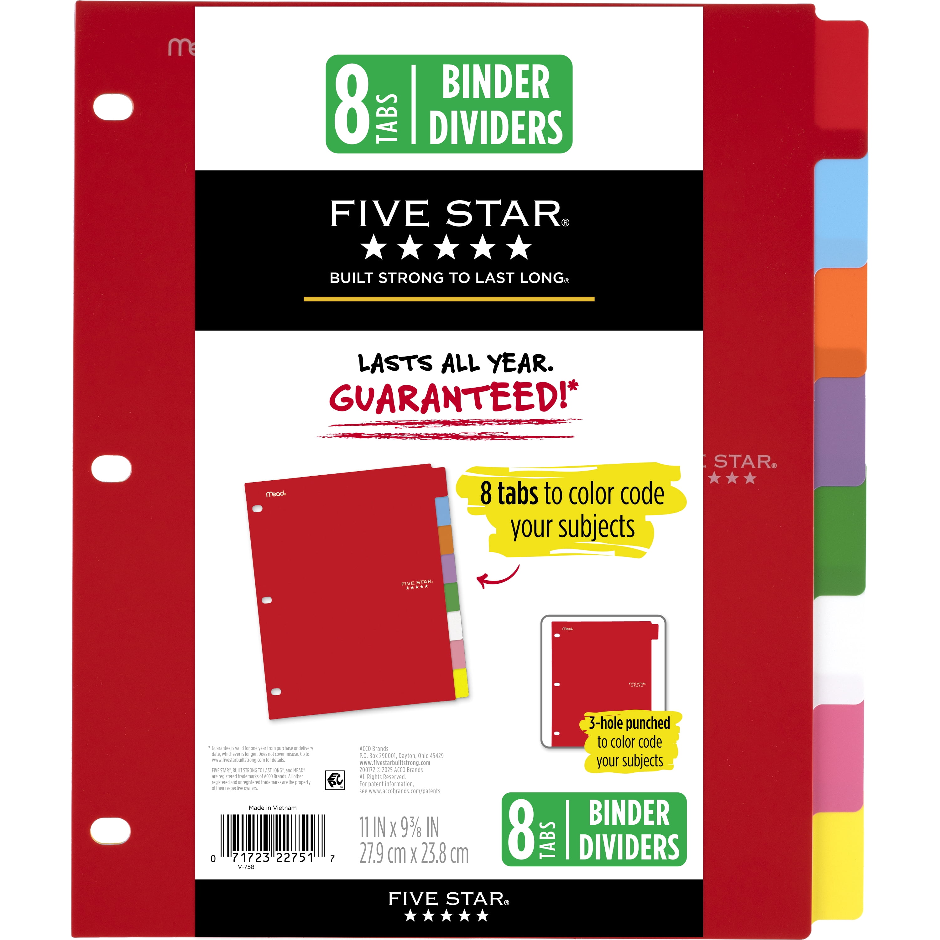 Five Star Tab Dividers, Reversible, Poly, 8 Pack