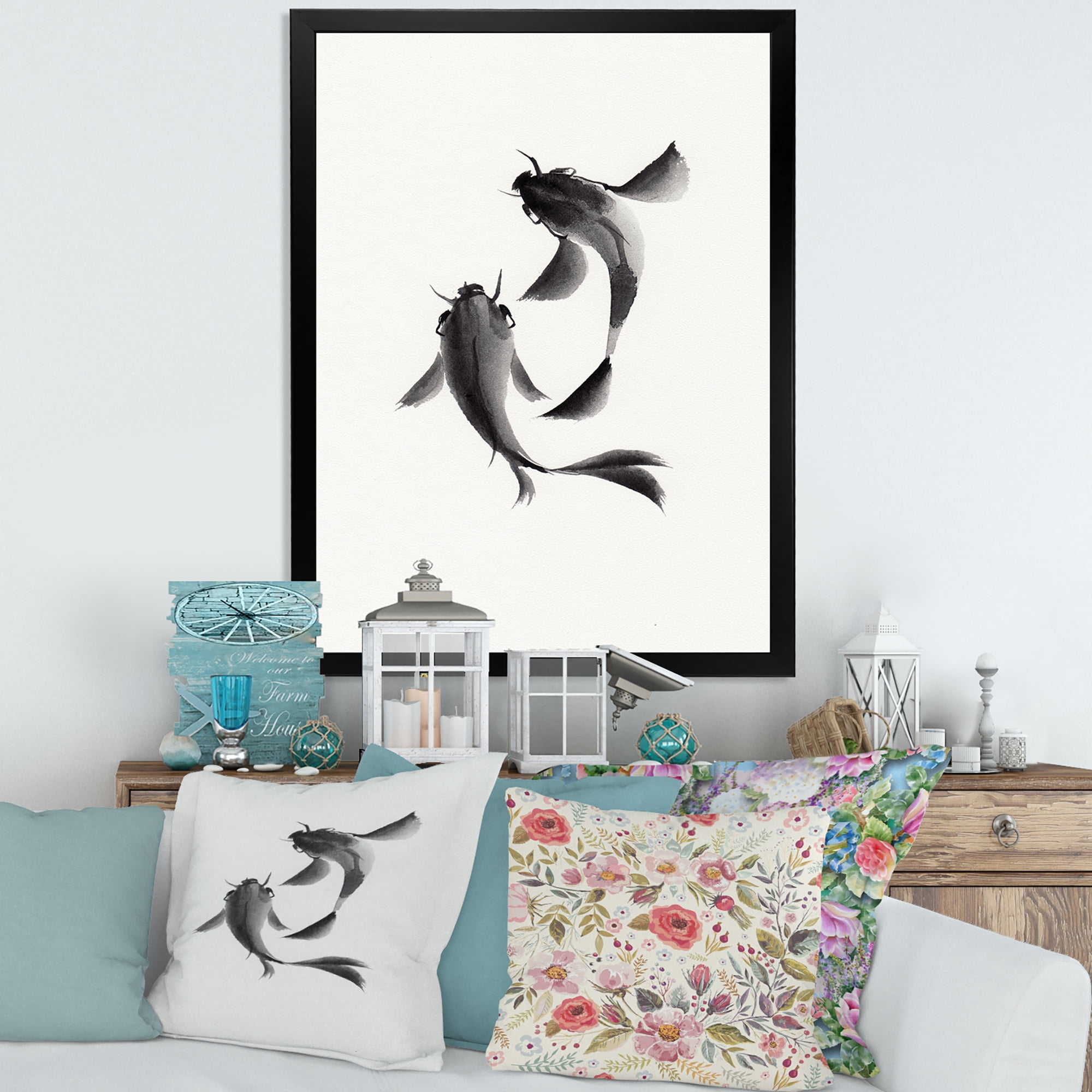 Designart 'Black and White Vintage Fish II' Nautical & Coastal Framed Art Print