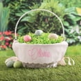 thumbnail image 2 of Personalized Easter Egg Basket With Handle, White Woven Basket With Scallop Edge Linen Liner, Custom Name In Pink Script, For Kids And Adults, 2 of 5