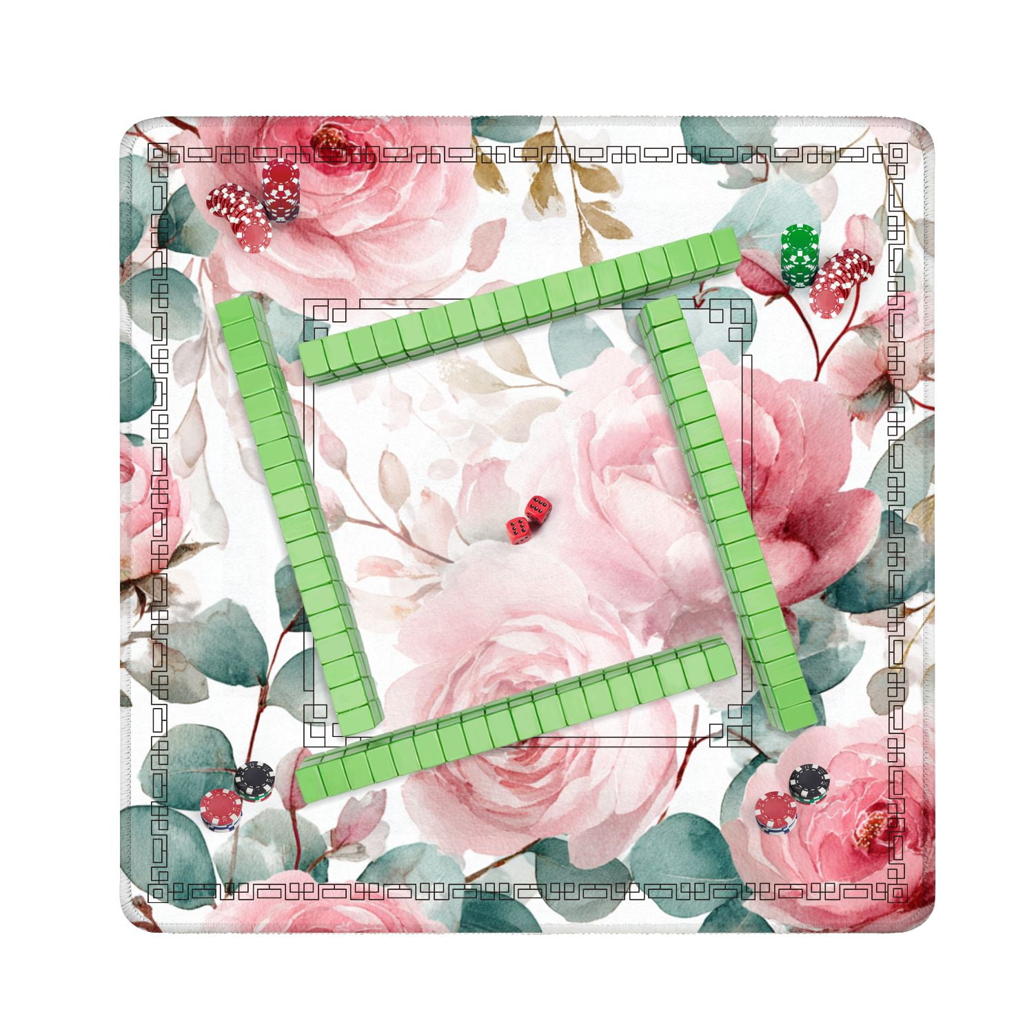 Mahjong Mat 31.5" x 31.5" Seamless watercolor floral pink flowers green leaves Non-Slip Noise Reduction American Mahjong Tiles Table Cover for Dominoes Poker Card Board Games Gift