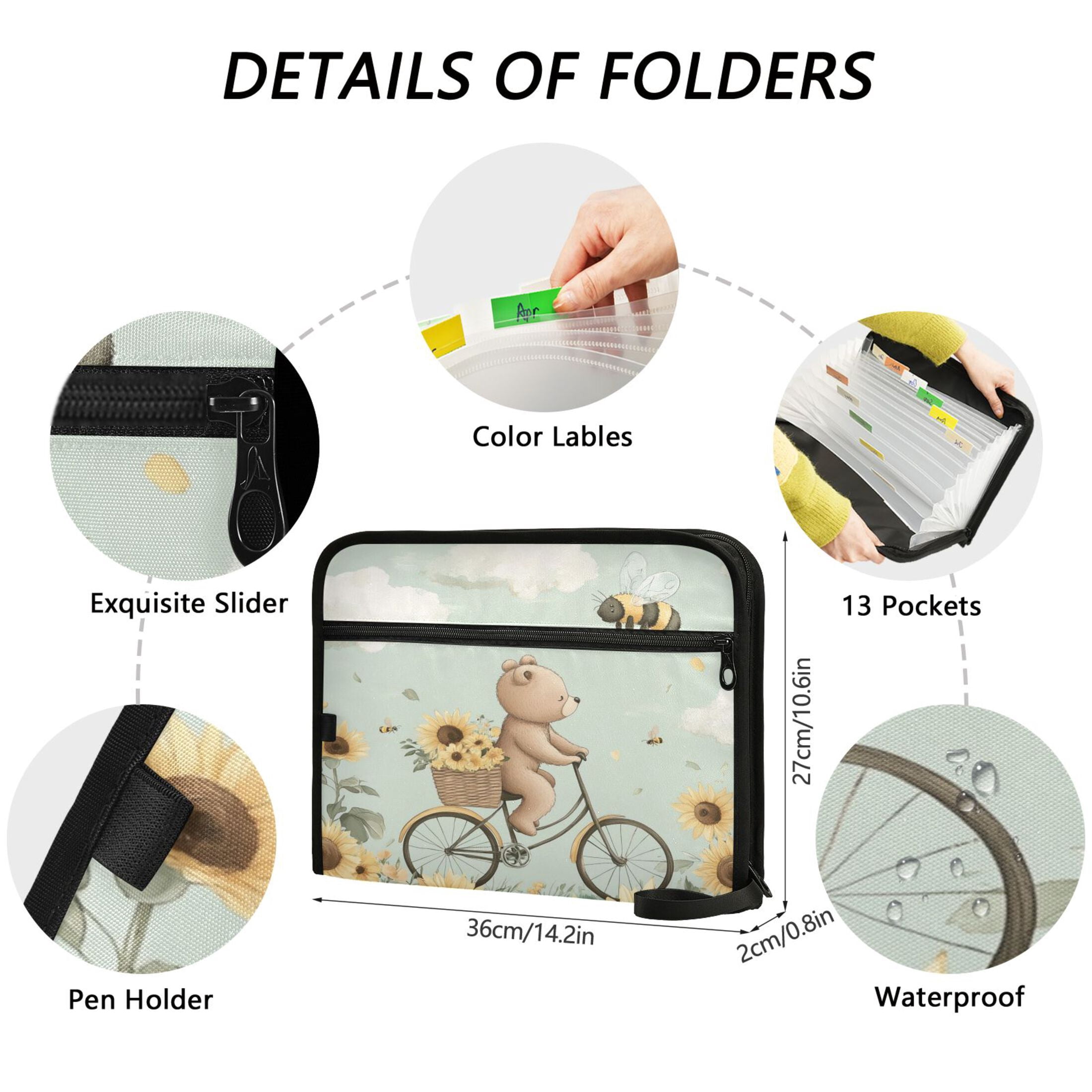 WOBOGO Cut Bear Riding Bicycle Expanding File Folder Letter Size Accordion Filing Organizer 13 Pocket Separate Organ Pocket
