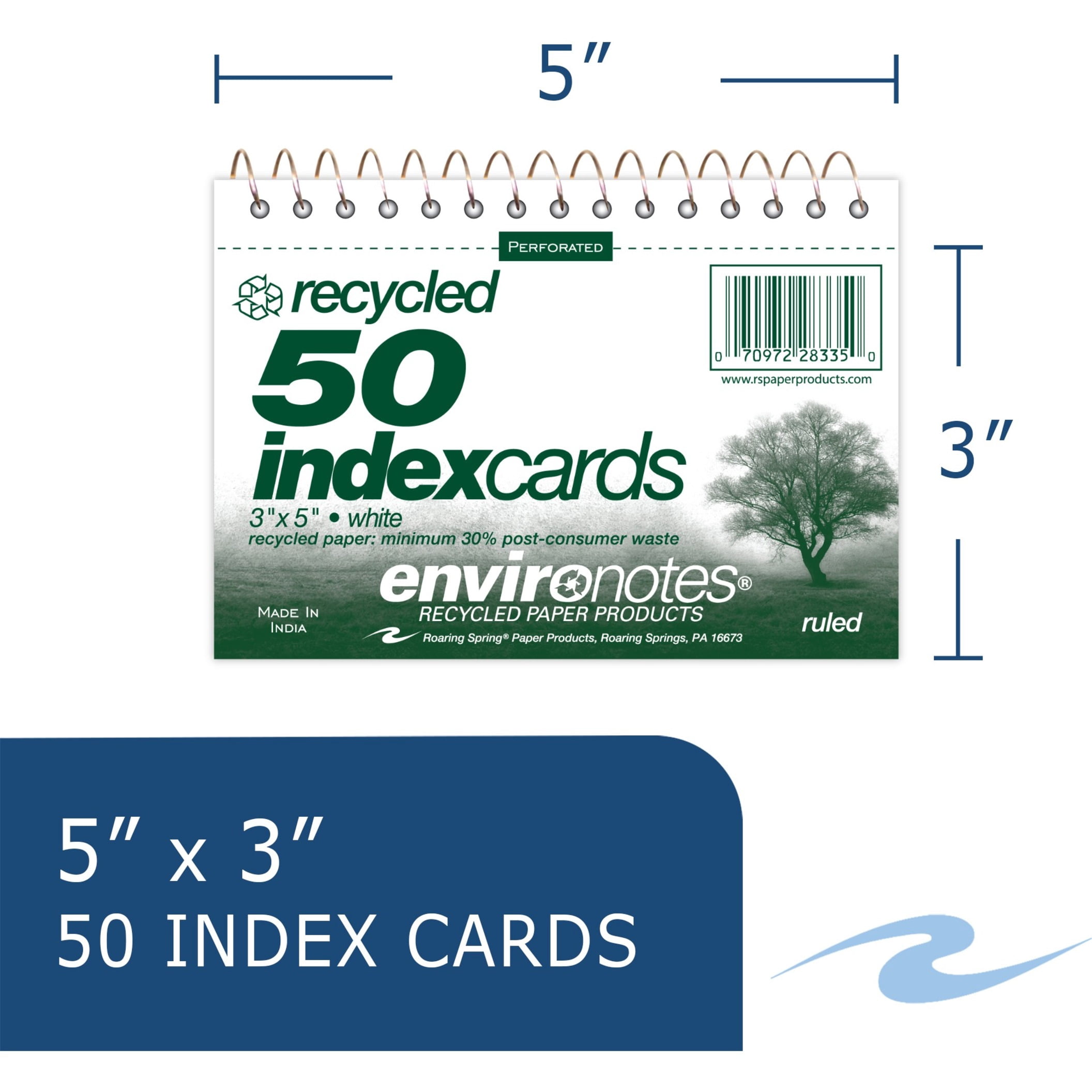 Roaring Spring Environotes Ruled Lined Perforated Spiralbound Recycled Index Cards, 1 Case (24 Total Books), 5" x 3.5" 50 Cards, White
