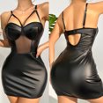 thumbnail image 2 of Levmjia Women Spaghetti Strap Leather Bodycon Mini Lingerie Dress Wet PU Lace Up Nightgown Soft Stretchy Spring Summer Indoor Leisure Ruched Slim Fit Bedroom Club Party, 2 of 9