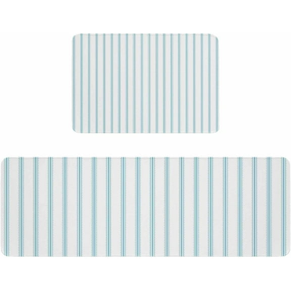 Kitchen Rugs and Mats,Ocean Blue Stripes Seamless Ticking Stripe 2 Piece Anti Fatigue Area Runner Rug Set Comfort Standing Floor Mat,Farmhouse Pinstripe Non Slip Absorbent Doormats for Laundry
