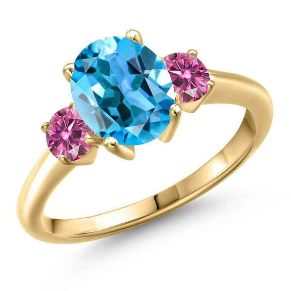 Gem Stone King 10K Yellow Gold Swiss Blue Topaz and Pink Moissanite Engagement Ring for Women | 2.71 Cttw | Oval 9X7MM | Gemstone November Birthstone | Size 7