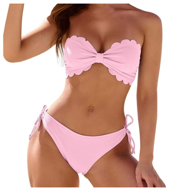 FhsagQ Womens Swimsuit Sets Plus Size Push Up Women's Ruffled Edge Bandeau Bikini Set With Removable Straps Two Piece Swimsuit for Beach and Pool Womens Swimsuit Sets Fish Net M