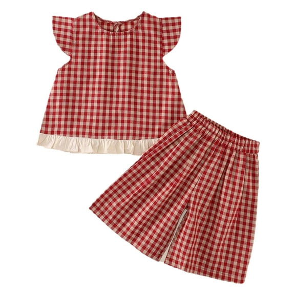 Efsteb 2 Piece Sets for Girls Toddler Kids Summer Outfits Short Flutter Sleeves Tops Wide Leg Pants Plaid Outfits (Red,6 Years)