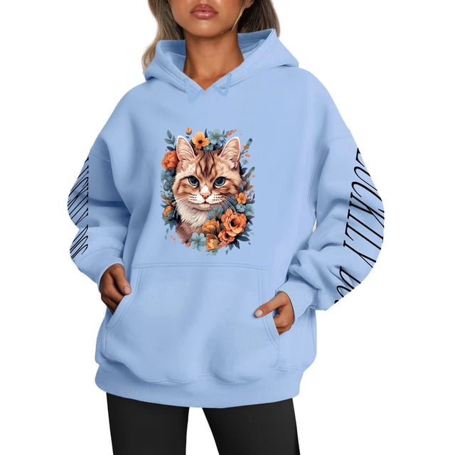 WEAIXIMIUNG Chandails Molletonnés Grande Taille pour Femmes à Imprimé Graphique Chat/chien, Chandail à Capuchon Décontracté à Cordon pour Femmes