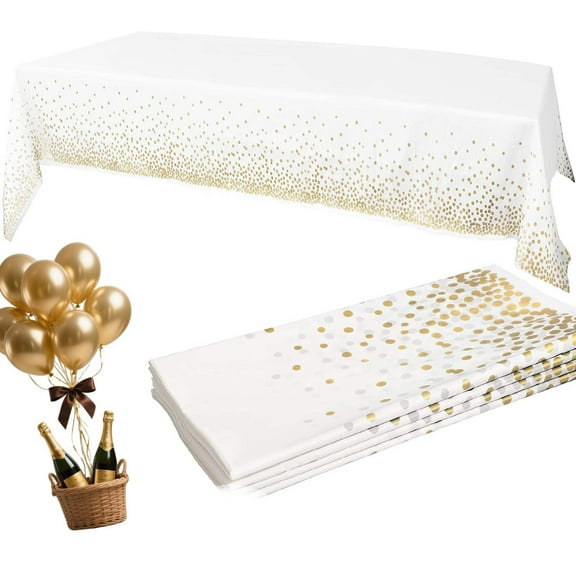 4 Pack Disposable Plastic Tablecloth, Gold Stamping Dot Rectangular Table Cloth, suitable for Indoor or Outdoor Tables Party Decorations, Birthdays, Weddings, Size (54" x 108"), White.