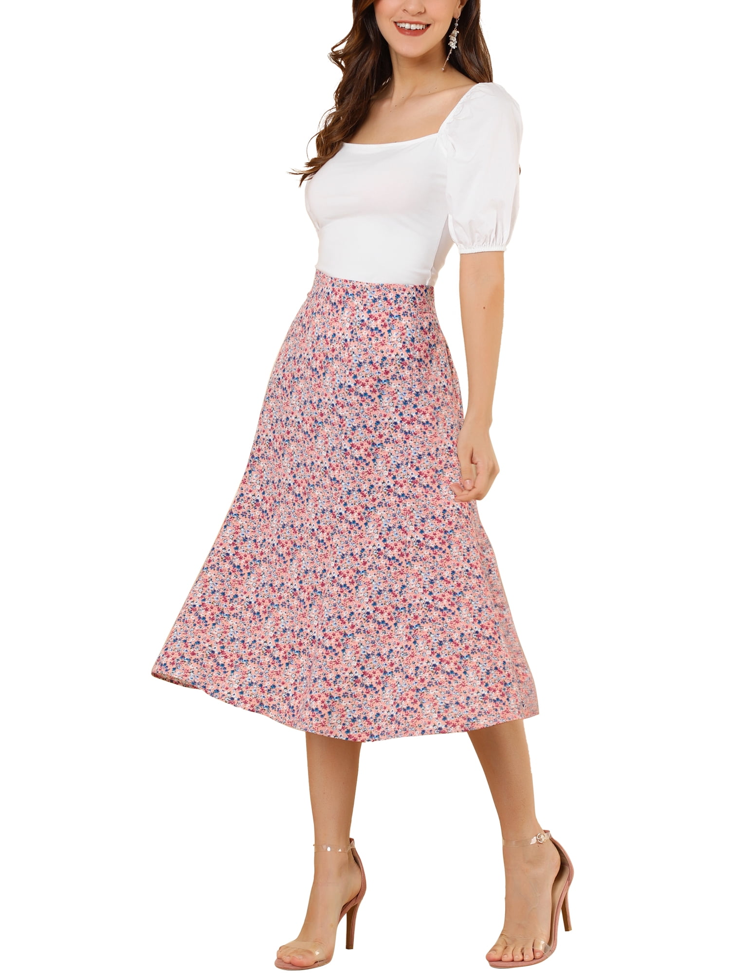 DARING DIVA Women's Elastic Waist A-Line Floral Print Midi Skirt S Pink