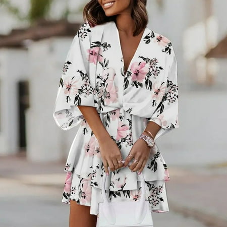 

ELFINDEA Womens Tops V-Neck Loose Batwing Sleeve Elastic Waist Printed Dress Mini Dress White S