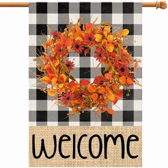 Welcome Fall House Flags for Outside 28x40 Double Sided Burlap, Buffalo Plaid Wreath Seasonal Sign Large Flag Yard Farmhouse Holiday Autumn Outdoor Decor DF570-28