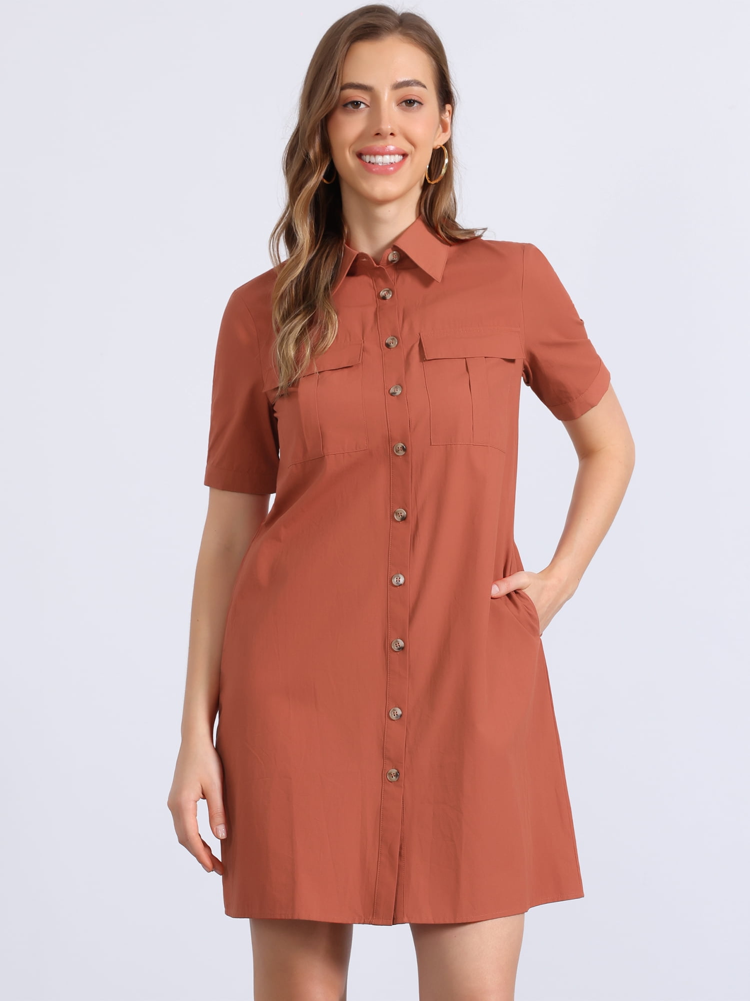 DARING DIVA Collared Short Sleeve Pocket Belt Button up Shirt Dress XS Burnt Orange