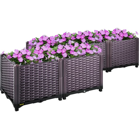 VEVOR Plastic Raised Garden Bed, Set of 5 Planter Grow Box, 14.5" H Self-Watering Elevated for Flowers, Vegetables, Fruits, Herbs, Indoor/Outdoor Use, Brown Realistic Rattan