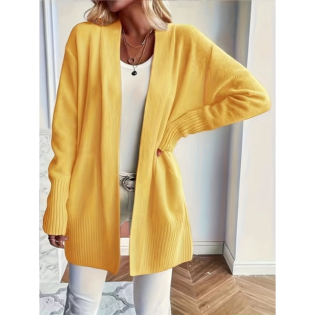 Solid Open Front Knit Cardigan Casual Long Sleeve Loose Sweater With Pocket Women's