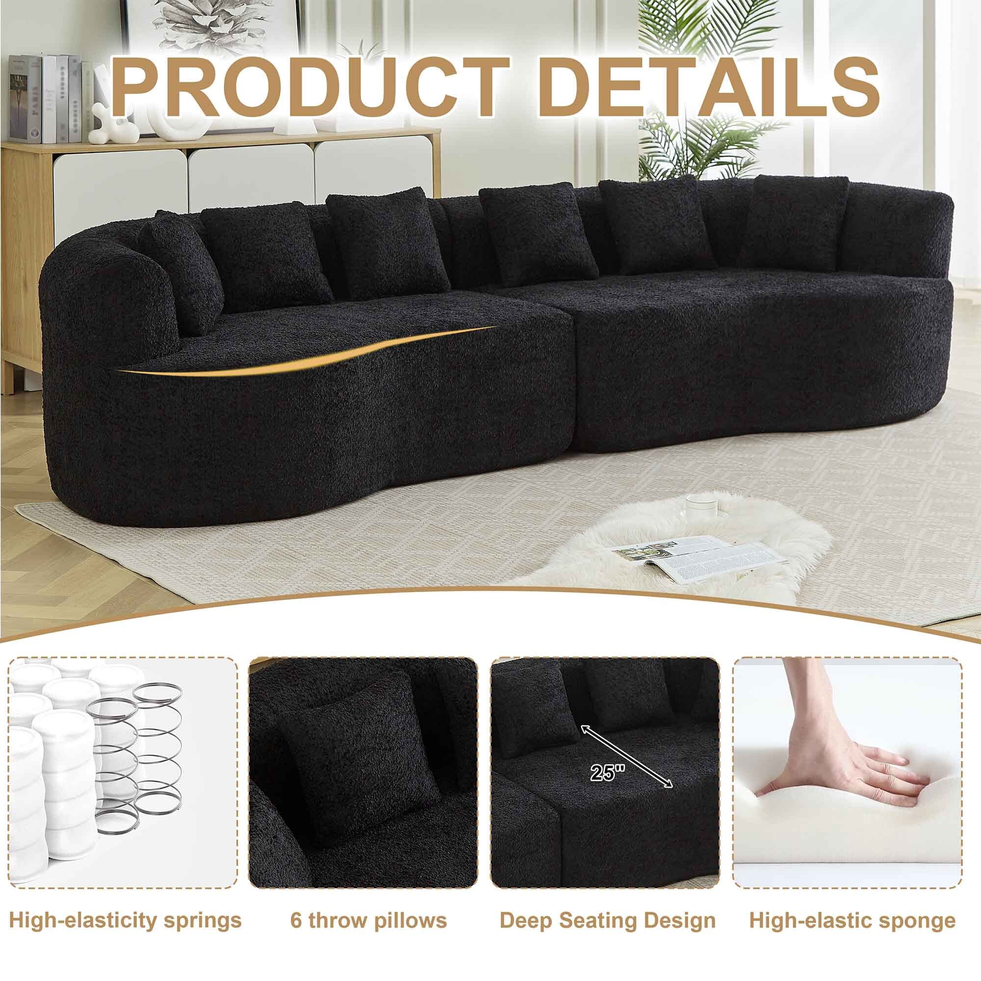 Lunale 106" Oversized Curved Sofa, Modern Boneless Cloud Couch for Living Room, Black Chenille