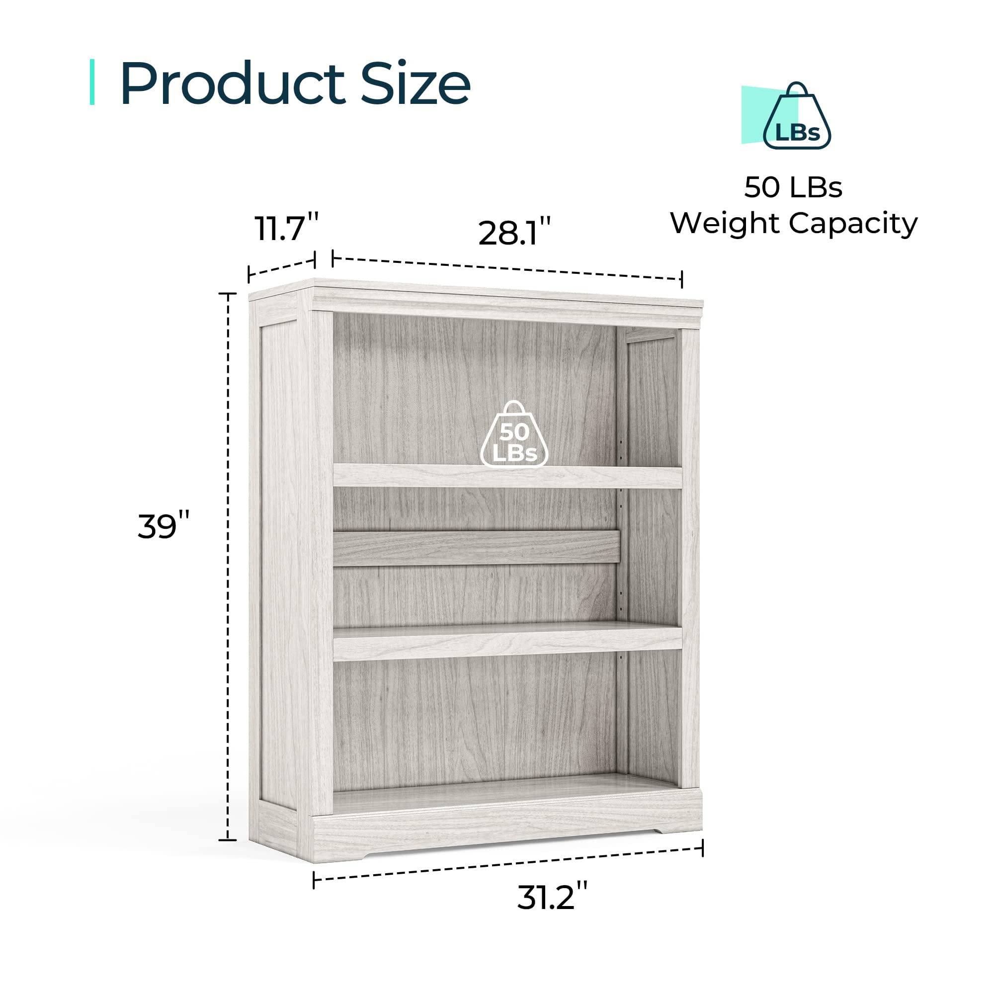 LINSY HOME 40in 3 Tier Bookshelf, Small Bookcase Shelf Storage Organizer, Modern Book Shelf for Bedroom, Living Room and Home Office,White Oak