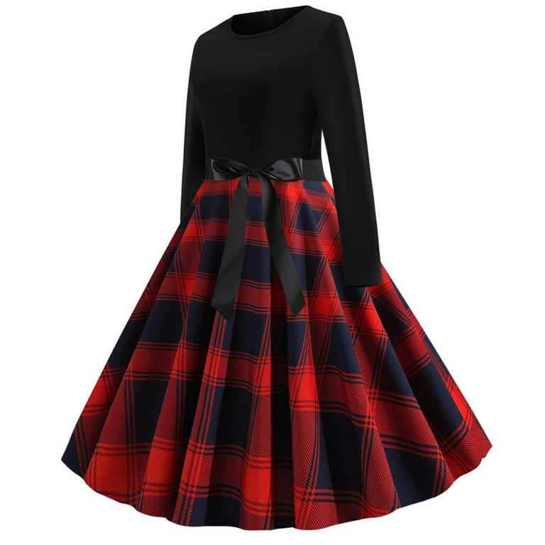 Women's Christmas Party Dress Vintage 1950s Christmas Plaid Print A-Line  Swing Dress Long Sleeve Crwe Neck Holiday Cocktail Midi Dress - Walmart.com
