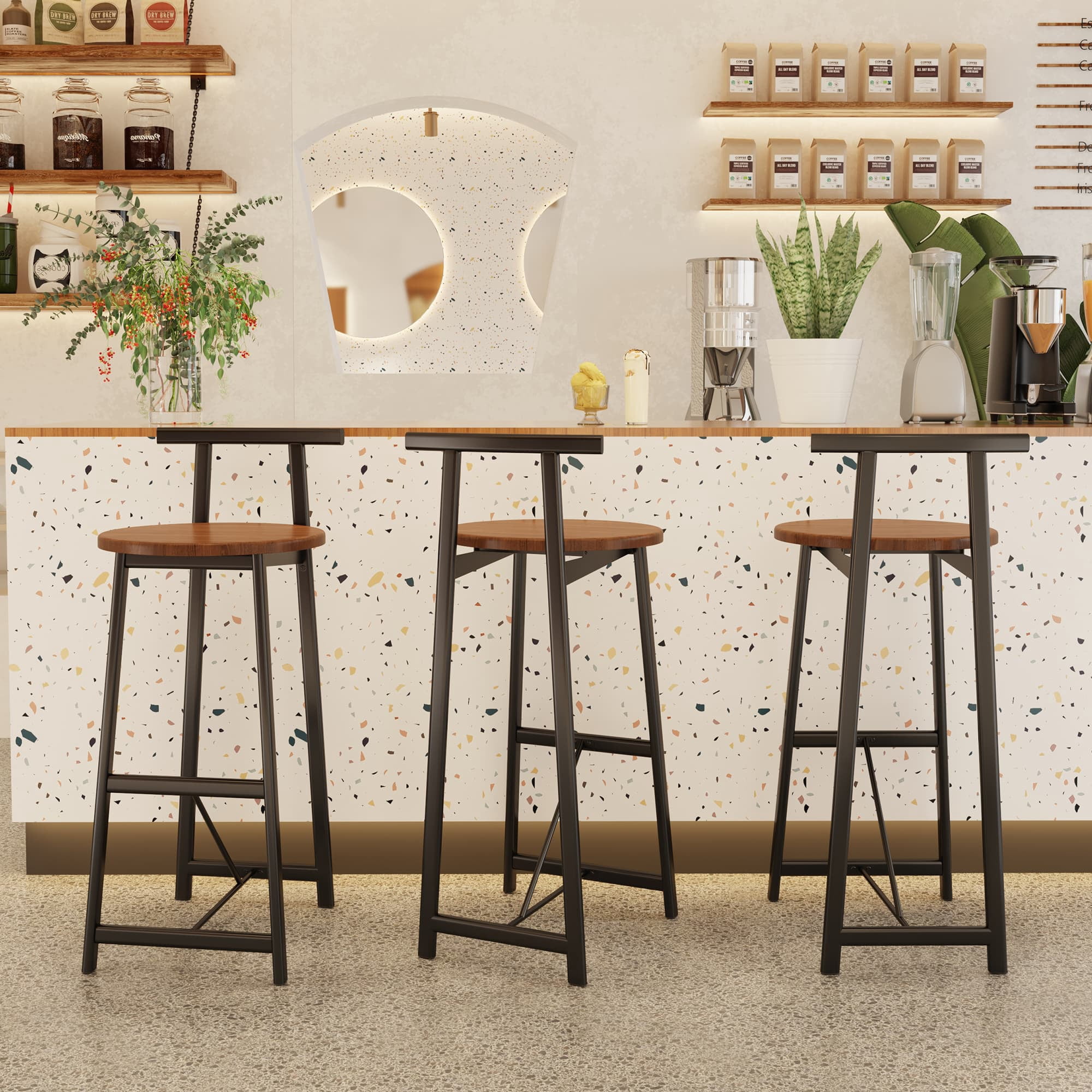 MAYEERTY Bar Stool Set of 3 - Counter Height with Back, Armless for Kitchen Island (Black & Walnut Brown)