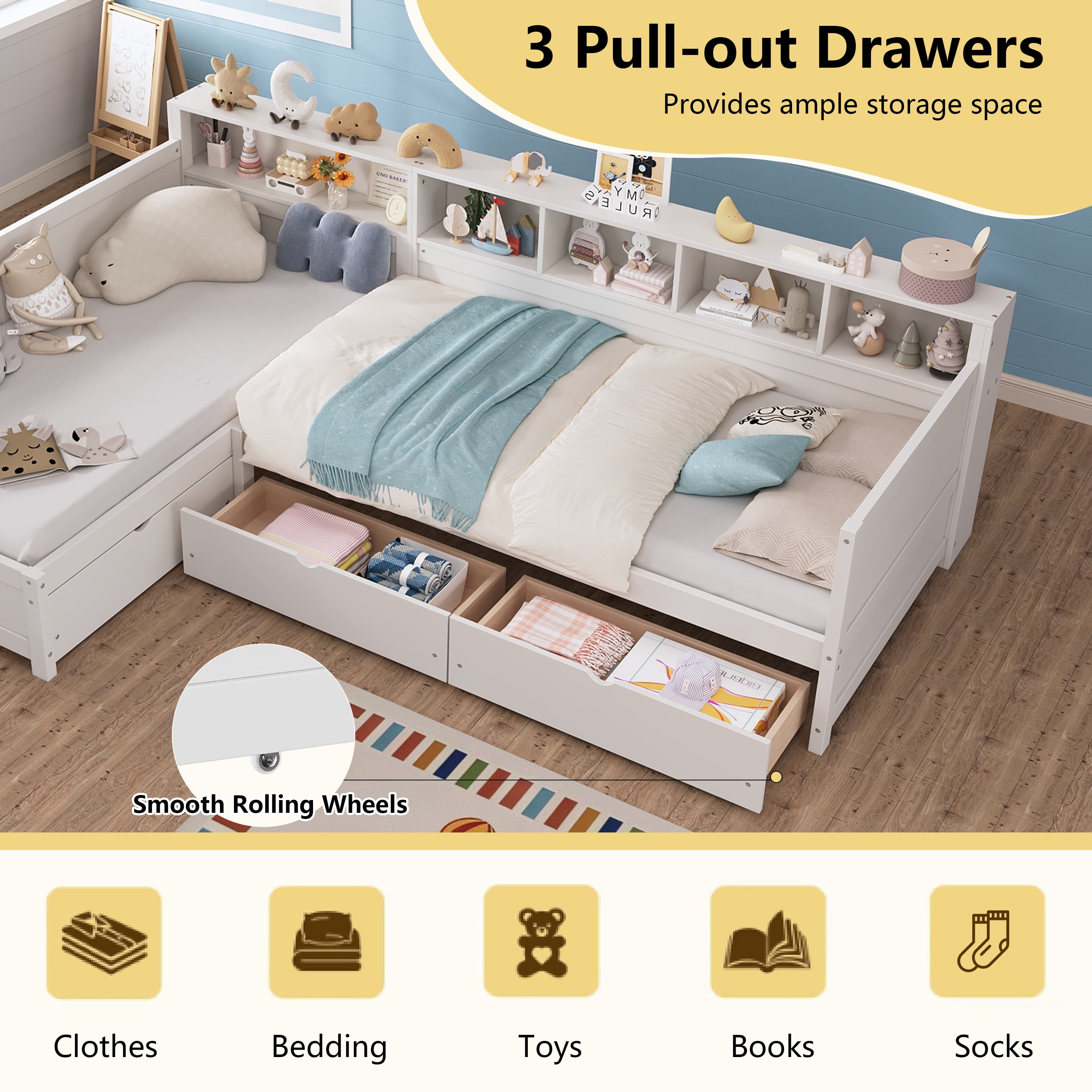 Yoneston L-Shaped Twin Daybed with Storage Side Bookcase and 3 Drawers, Corner Bed Frame with Storage Shelves for Kids Teens Bedroom Playroom Guest Room, White