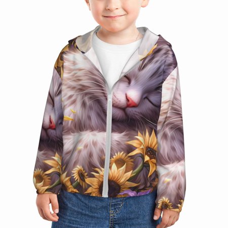 

Vsdgher Warm Sunflower Sleeping Cat Kids Sun Protection Hoodie with Zip Rash Guard Tops Children s Long Sleeve Sun Protection Clothing - 4 Years