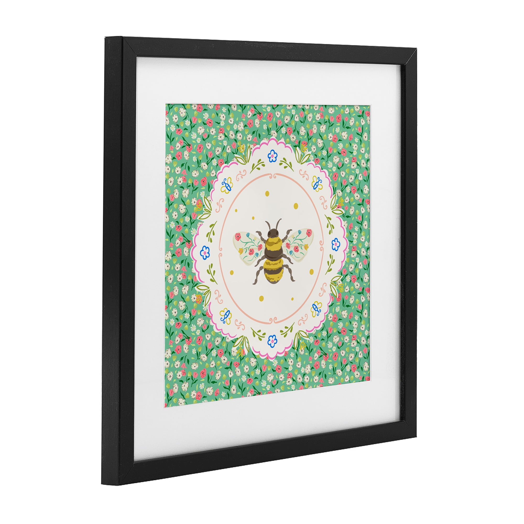 Spring Bee Delicate Florals Black Framed Print Under Glass, design by Angela Steahling