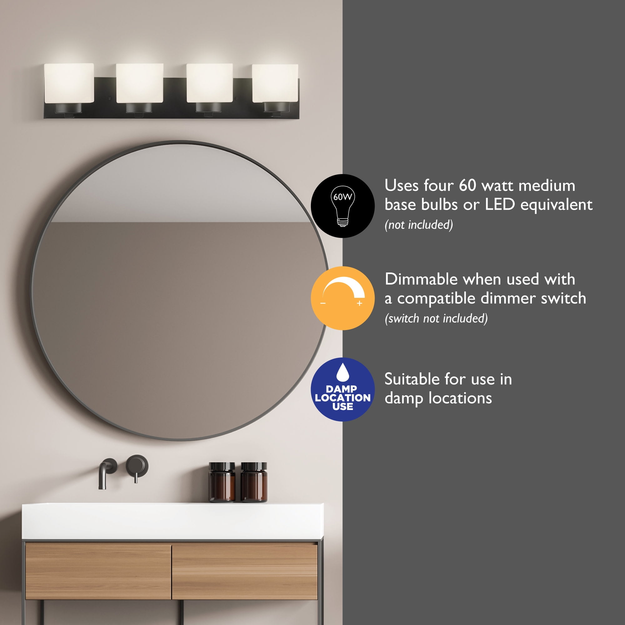 Design House Dove Creek 4-Light Dimmable Bathroom Vanity Light with Frosted Glass, Matte Black