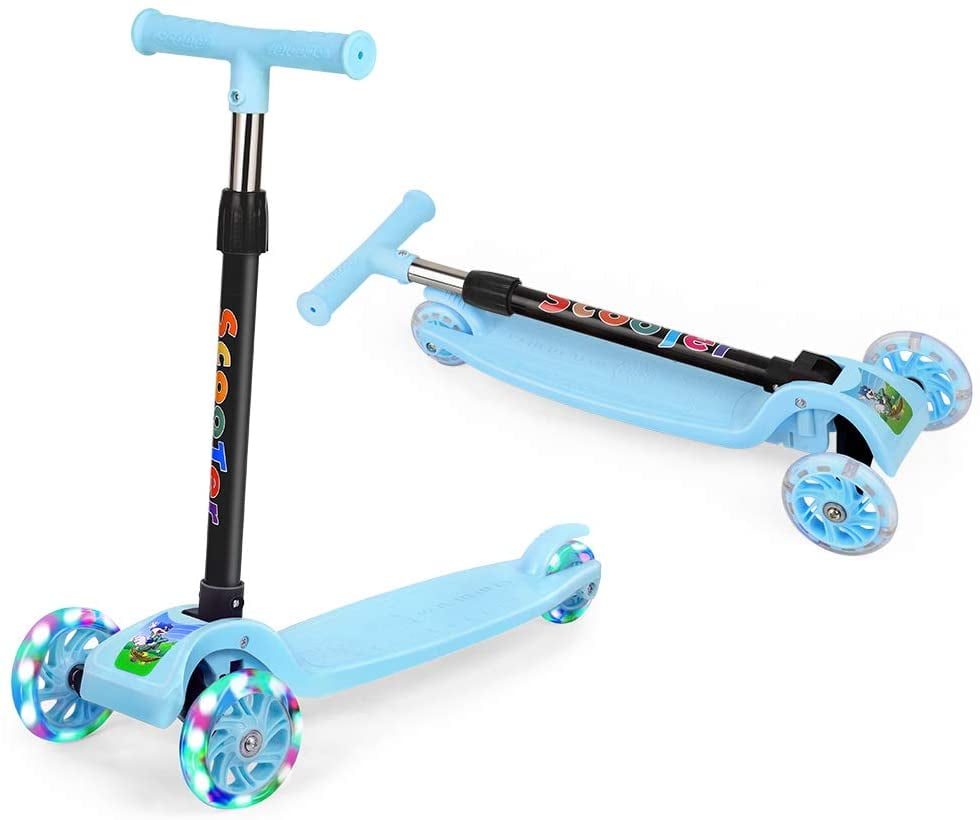 3 Wheels Flashing LED Light Weight Adjustable Push Scooter Boys Children Blue 