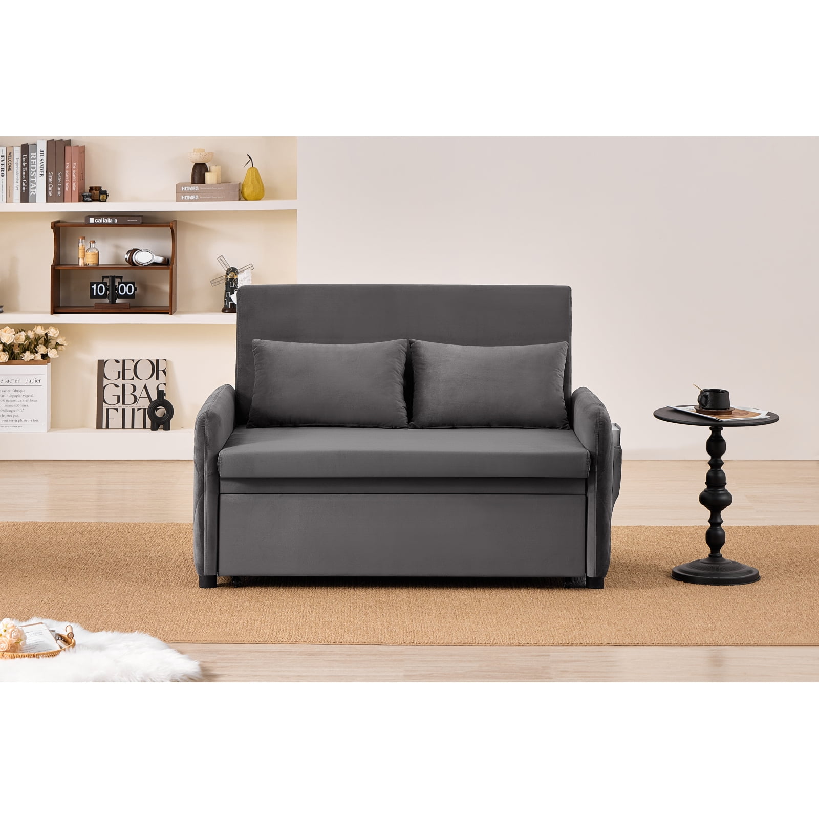 Leumius 3 in 1 Convertible Sleeper Sofa Bed, Modern Convertible Sofa Bed with 5-Position Adjustable Backrest,Velvet Pull Out Couch with Pull Out Bed for Living Room Furniture,Gray