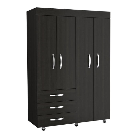 Depot E-Shop Hamilton Mobile Armoire with 2 Double Door Cabinets, 3 Drawers, 2 Rods, and Inner Shelves, Black