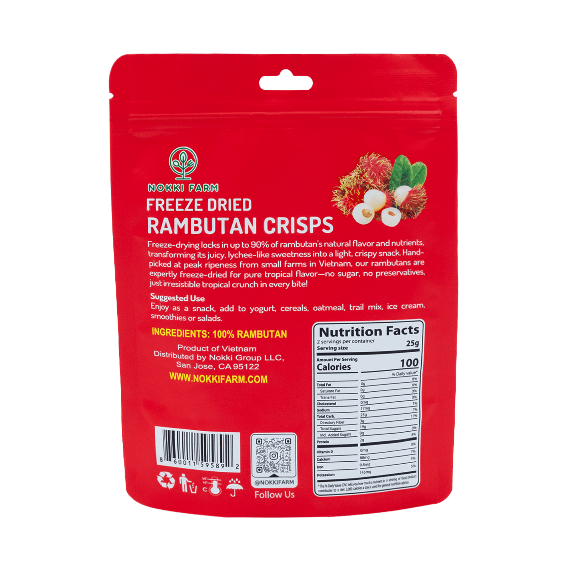 NOKKI FARM Freeze Dried Rambutan Crisps - Healthy & Exotic Tropical Superfood Snacks, No Added Sugar or Preservatives, Kid-Approved, Shelf-Stable & Portable for On-The-Go Snacking, 1.76oz (Pack of 3)