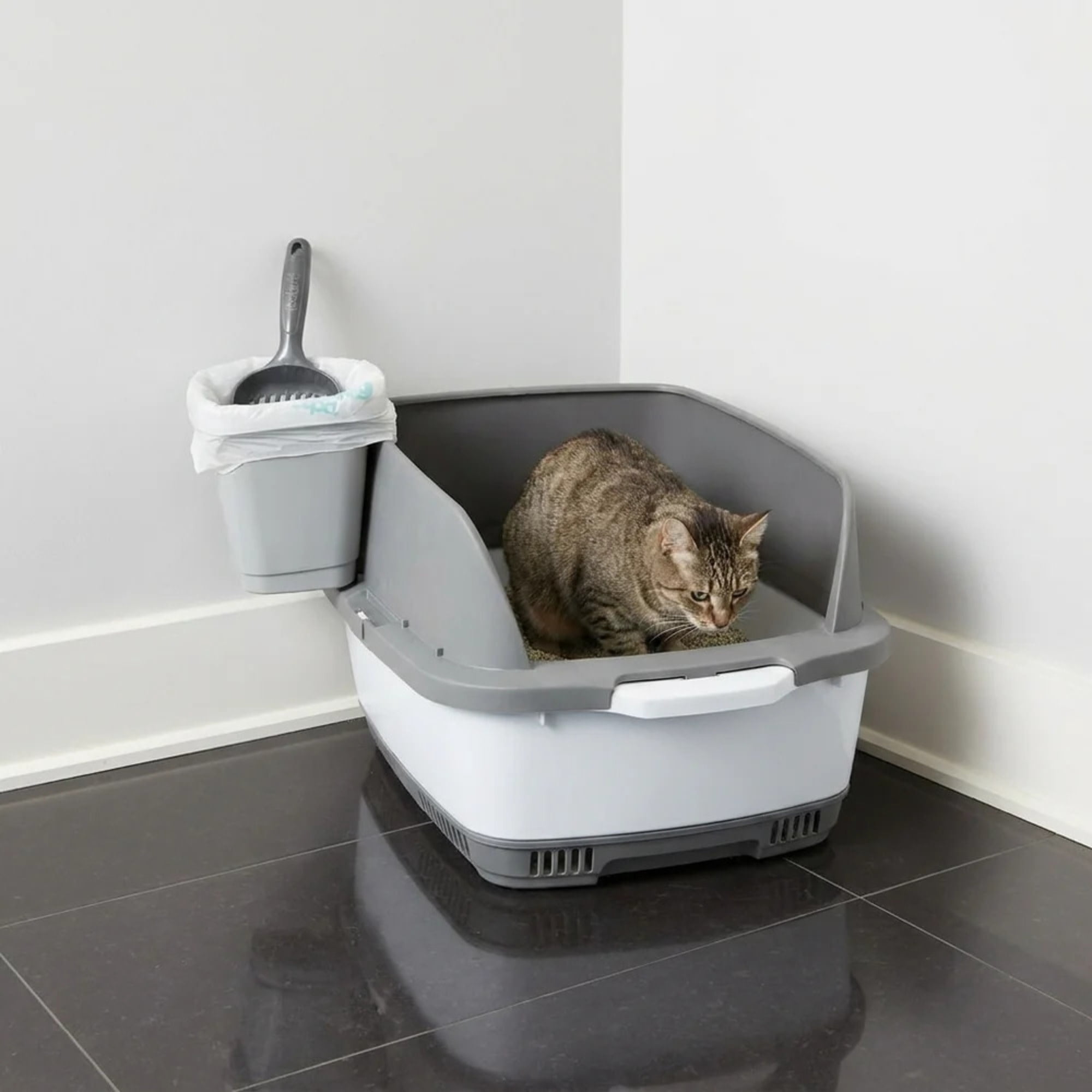 Cateco: Odor Eliminating Cat Litter Box Kit - Gray - Scooper & 10 Dry Pads, Pet Waste Maintenance Set, Advanced Aeration Prevents Bacterial Growth