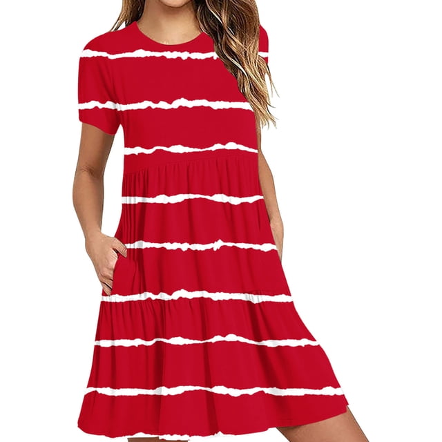 Hyknon Robes pour Femmes Mode Été Décontracté Manches Courtes Robe T-Shirt à Étages Mini Robes avec Poches Décontracté Doux Fluide Ample Robes