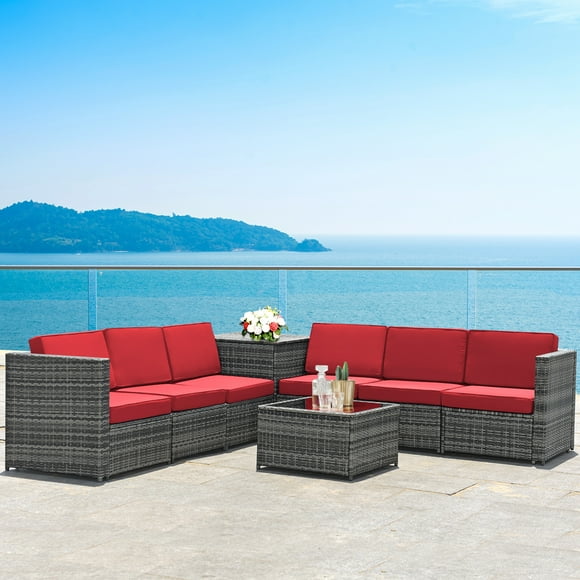 Gymax 8PCS Patio Rattan Sofa Sectional Conversation Furniture Set w/ Red Cushion