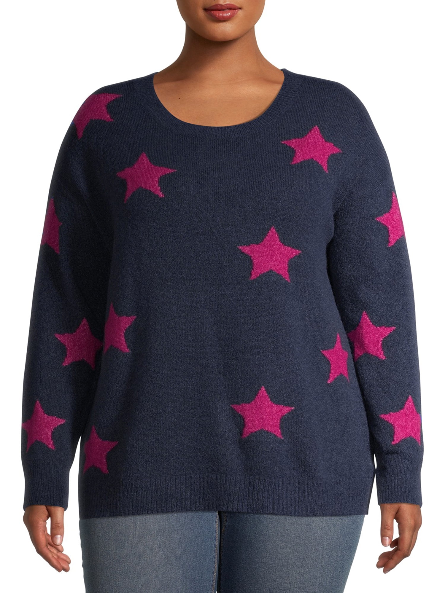 Heart N' Crush Women's Plus Size Star Print Crewneck Pullover Sweater